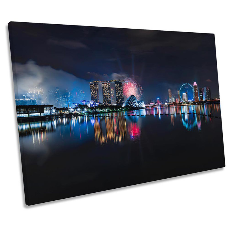 Singapore Skyline Fireworks Framed - Wrapped Canvas Print, 81.3cm H x 121.9cm W x 4cm D