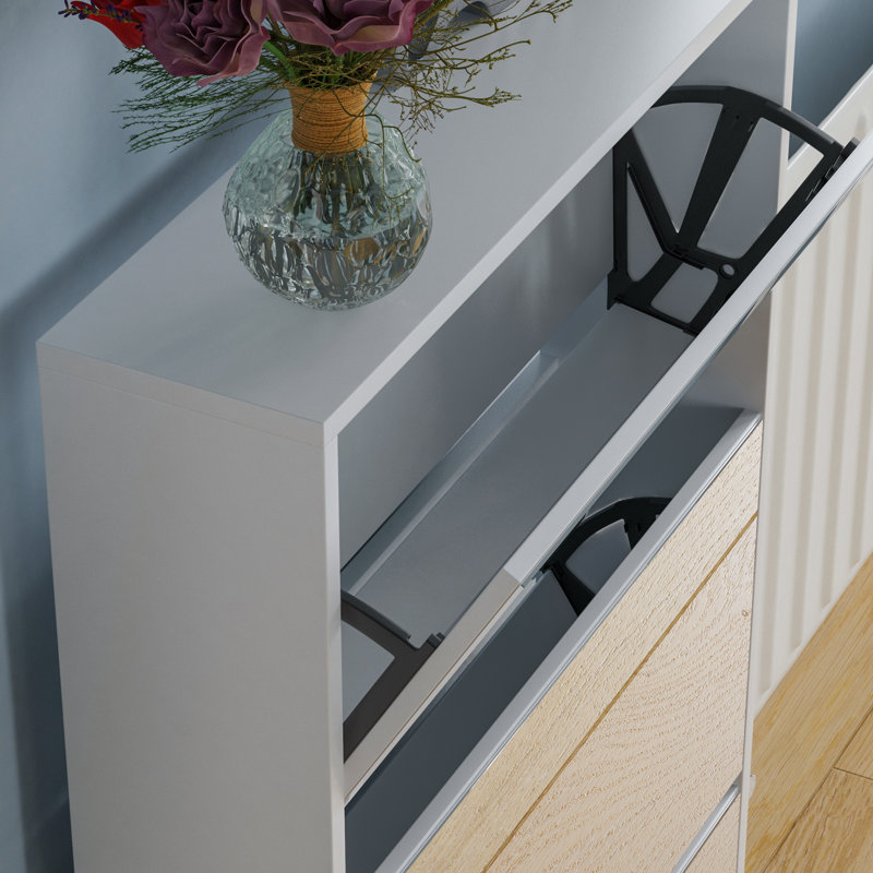 3 Drawer Mirrored Flip Down Shoe Storage Cabinet Free Standing Cabinet For Hallway, White