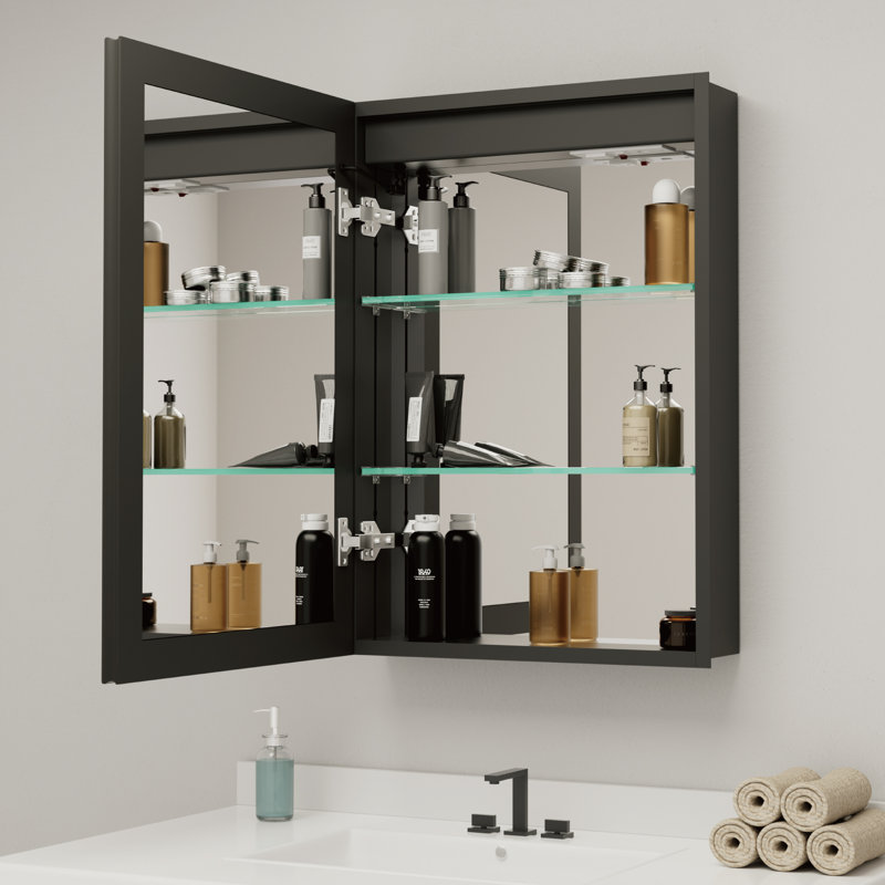 Armoire à pharmacie rectangulaire avec miroir l 16 po x H 24 po Flora, mur / encastré, coin rond, tablettes en verre