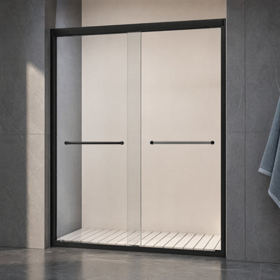 Porte de douche coulissante double l 50 à 54 po x H 72 po avec verre trempé certifié 1/4 de po (6 mm), cadre en aluminium noir mat et poignée en acier inoxydable