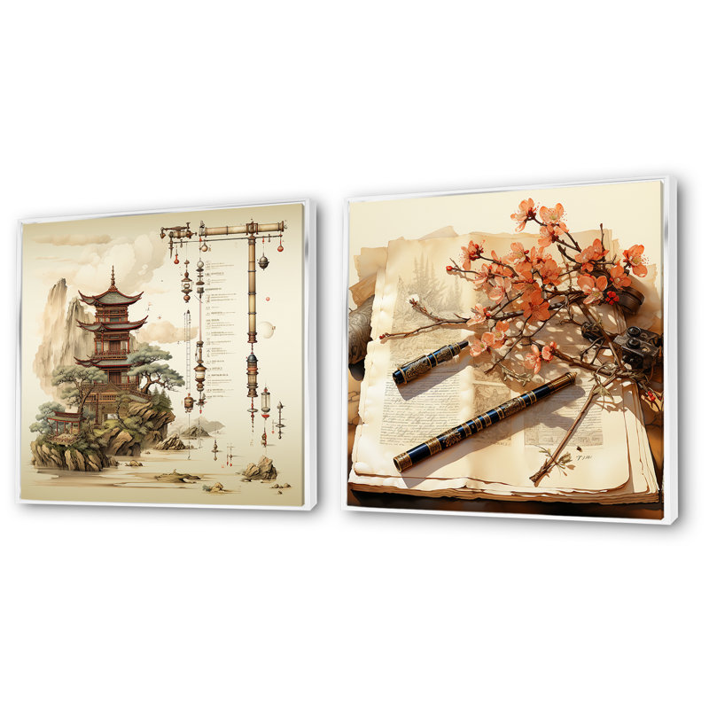 «China Scrolls Of Antiquity I», ensemble de 2 reproductions d'art mural chinois, Cadre flottant blanc