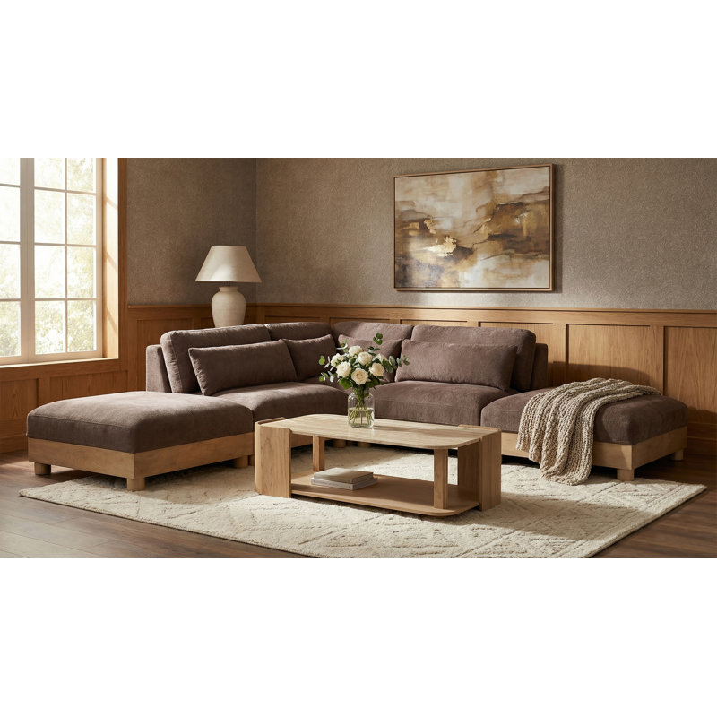 Canapé modulaire 5 pièces en tissu chenille 120 po Turin, Tissu chenille brun, Naturel