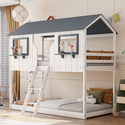 Twin Over Twin Bunk Bed With Playhouse Design, Guardrails, Ladder, And Maximized Space For Kids' Bedrooms