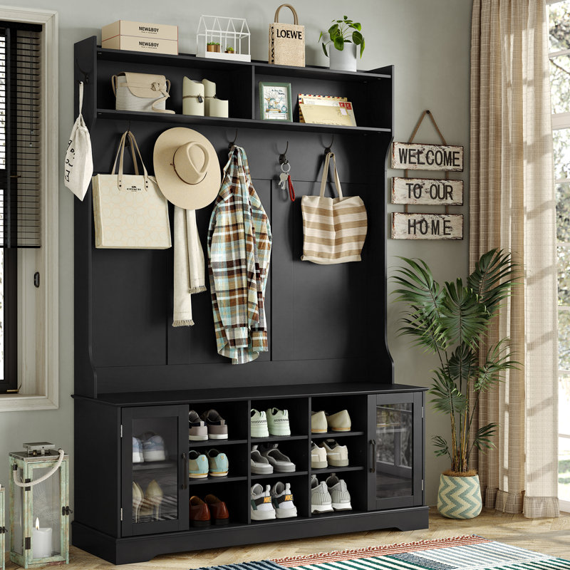 Portemanteau Jaxsin de 51,3 po de largeur avec banc et rangement pour chaussures, Noir