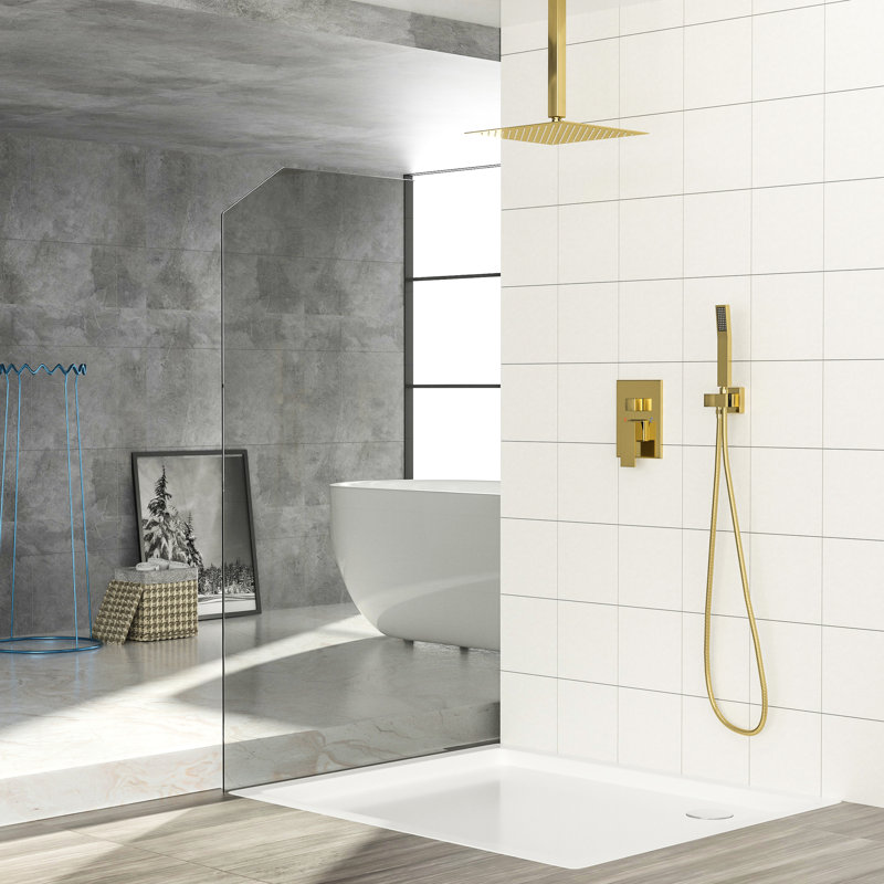 10 Inch Dual Shower Head - Gold Ceiling Mount Square System With Easy Installation & Cleaning, Valve, Rainfall Handheld -Balanced Handheld, Install Clean