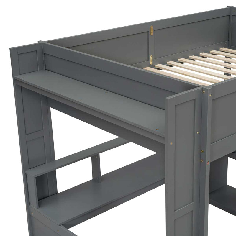 Lit mezzanine en bois gris foncé avec bureau, DEL et chargement multifonctionnel pour économiser de l'espace, Full