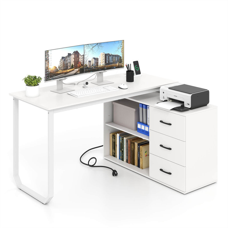 L-Shaped Desk with Power Outlet 55" Reversible Computer Desk with 3 Drawers, White