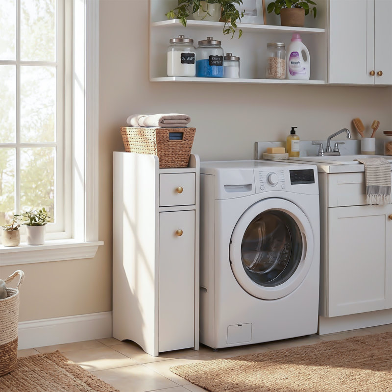 White Bathroom Cabinet With Two Drawers And Casters