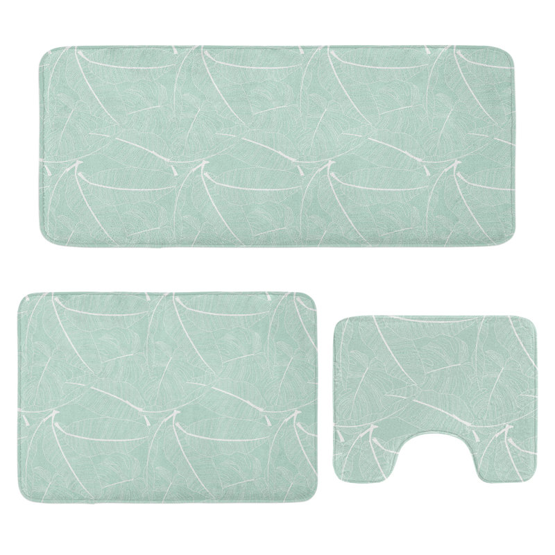  Tropical Bathroom Rug Set 3 Pieces U-Shape & Rectangle Mats Mint Green White