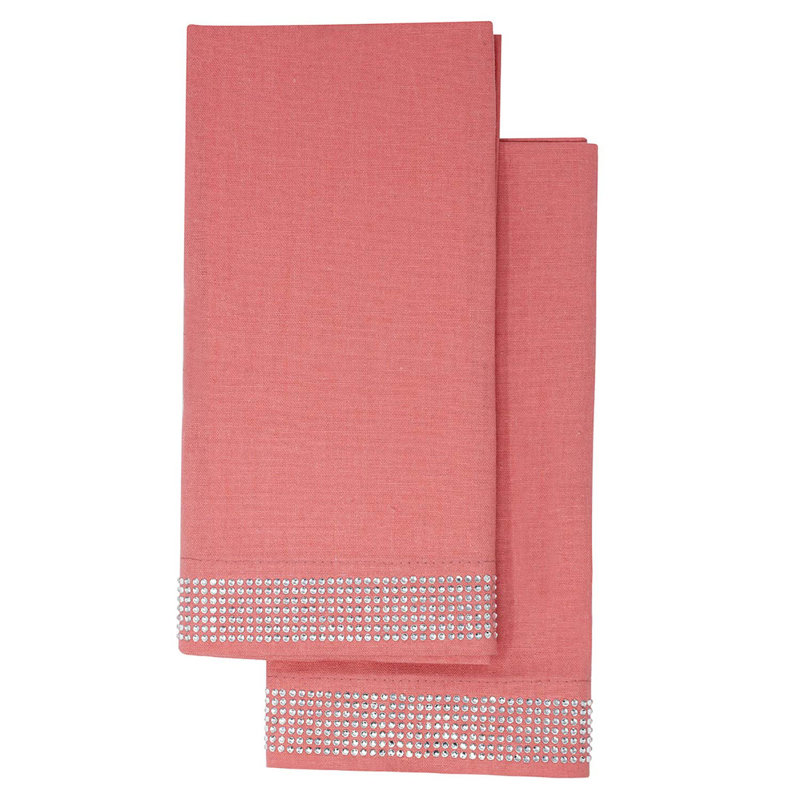 Sparkles Home | Ensemble de serviette à rayures Rhinestone | Carré 20 po | Mélange de coton et lin | Ensemble de 2, Saumon