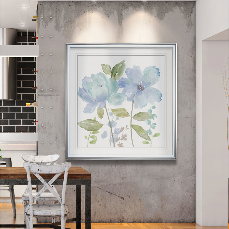 « jardin blues ii », peinture, H 24 po x l 24 po x P 2 po, Cadre argenté