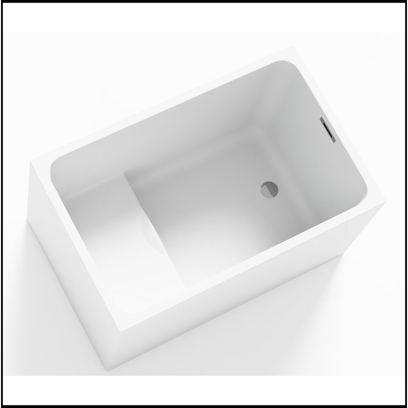 Baignoire autoportante en acrylique de 43 pouces avec siège intégré, finition blanc brillant, trop-plein chromé et bonde escamotable