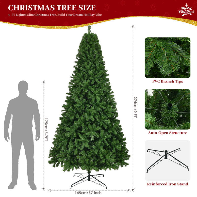 9ft / 12ft Unlit Artificial Spruce Christmas Tree, Dense PVC Branch Tips, Hinged Easy Assembly with Foldable Metal Stand