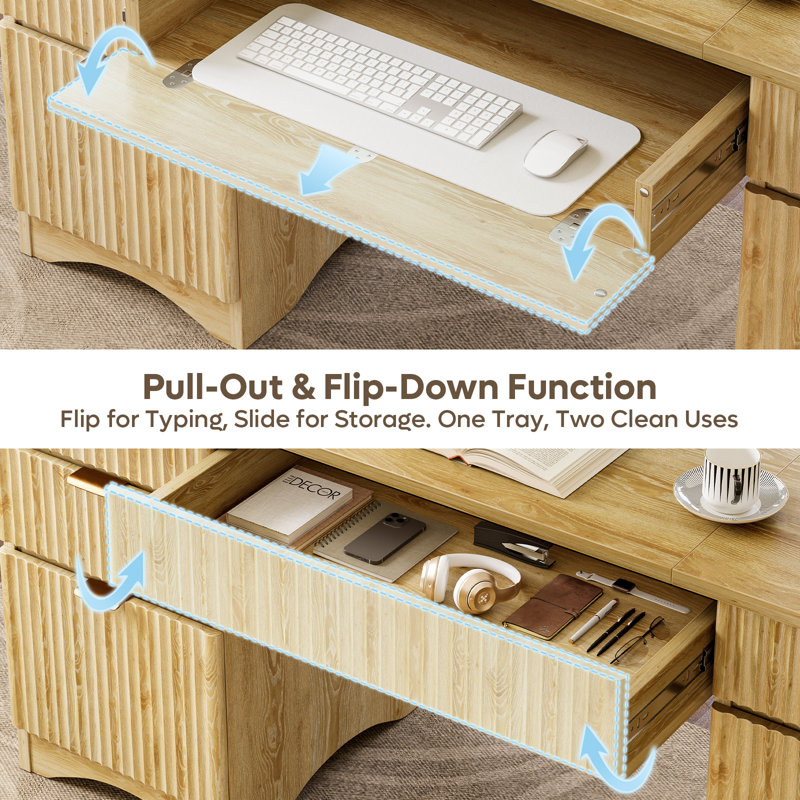 Labelle 62.99" Fluted Executive Computer Desk with 4 Storage Drawers &  Flip-Down Keyboard Tray,Modern Natural Oak Home Office Desk with Cabinet & Adjustable Shelf