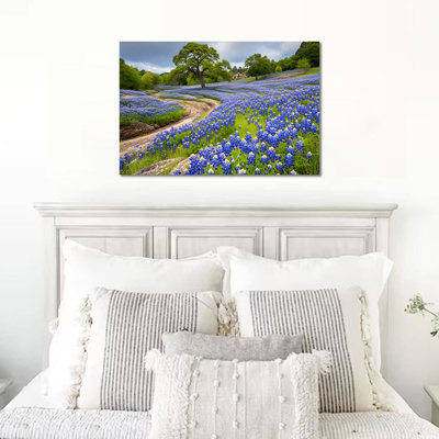 Décoration murale sur toile de printemps, peinture de nature pour le salon, grandes impressions florales pour la chambre à coucher, art mural arbre forestier, affiche de paysage de fleurs sauvages bleues, 12 po x 16 po