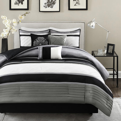 Très grand édredon gris, 7 pièces, détails pour un look classique, literie de taille rembourrée, lavable