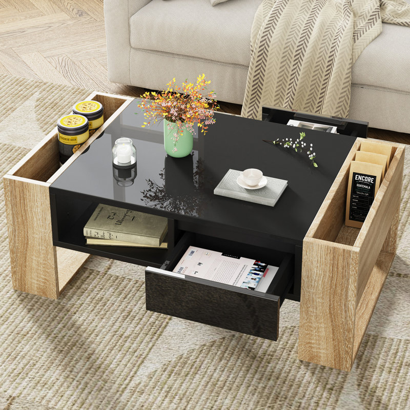 High Glossy Coffee Table With 2 Drawers, Practical Two Tone Center Table With Hidden Compartments, Rectangle Cocktail Table With Open Storage Shelf For Living Room, Bedroom, 41.3*23.6"