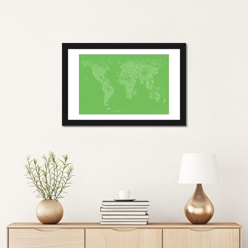 «Font World Map» par Michael Tompsett, impression sur toile tendue en vert clair, Papier d'art encadré noir, Blanc