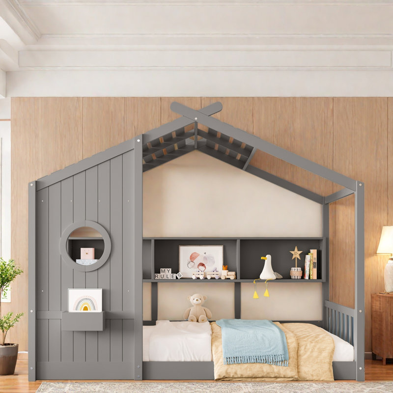 Lit sur pied avec tablettes de rangement, Gris, Lit simple