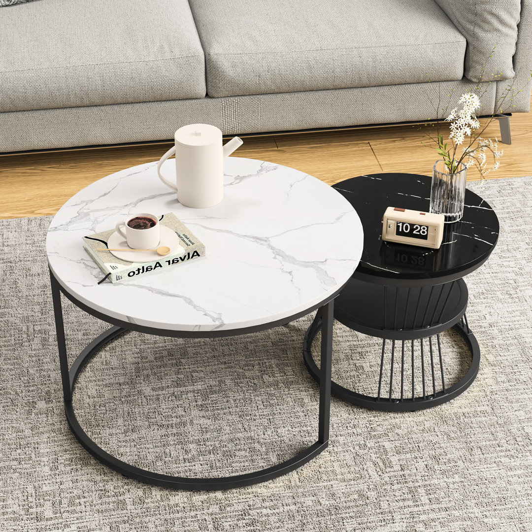 Modern Coffee Tables, Round Nesting Tables Set Of 2, Side Tables With Metal Frame And Open Storage Shelf, Industrial Stacking End Tables For Living Ro
