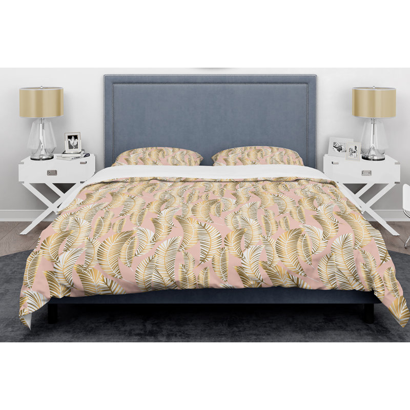 Ensemble de literie de style rétro Mid-Century rétro Art déco, Housse simple + 1 taie décorative, Feuilles roses