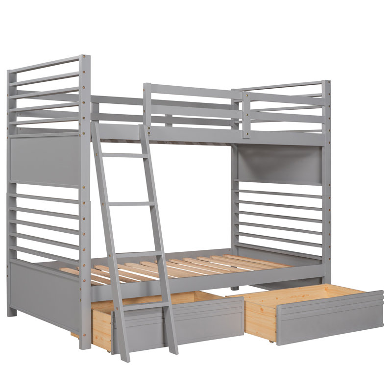 Lit superposé en bois avec deux tiroirs, Gris