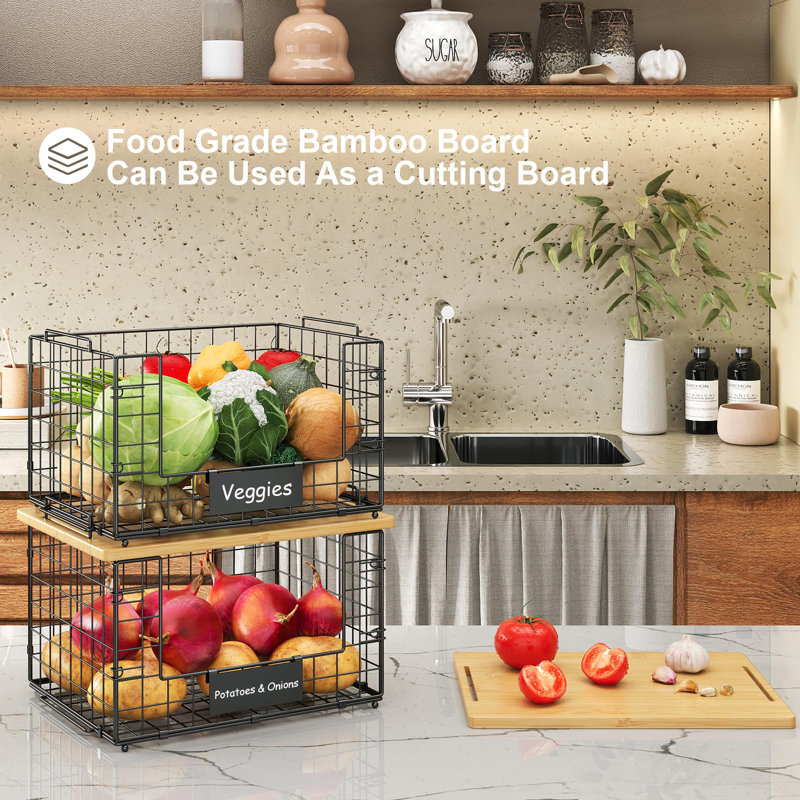 2 Pack Stackable Wire Baskets With Bamboo Top For Pantry Organizers And Storage, XXL Kitchen Organization Counter Basket