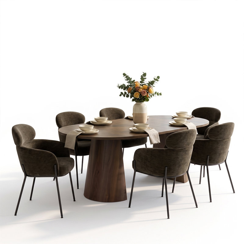 Ensemble de table de salle à manger extensible ronde à ovale avec fauteuils rembourrés, 7 pièces : table, 6 chaises, Brun