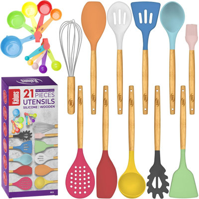 Kaluns 21-Piece Silicone Kitchen Utensils Set – Premium Non-Stick Cooking Tools with Wooden Handles, Heat Resistant up to 446°F