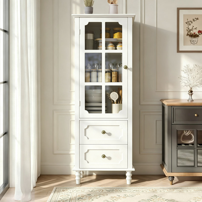 Armoire arquée avec portes en verre et double tiroir, Blanc