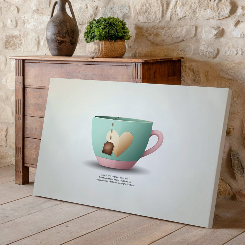 Toile, illustration fantaisiste d'une tasse à thé de couleur pastel avec art mural en forme de cœur sur le côté