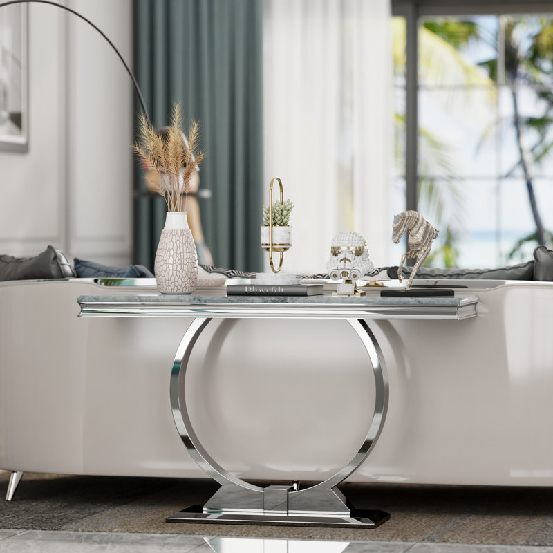 Luxury Console Table With Metal U Base And Gloss Texture Top, Grey/Silver