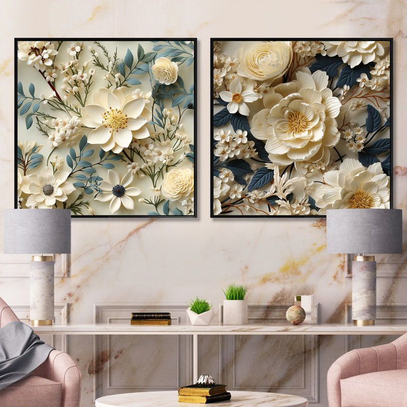 Radiant Lace Inspired Floral Botanics III - ensemble de 2 collages floraux carrés, Cadre flottant noir, H 36 po x l 73 po