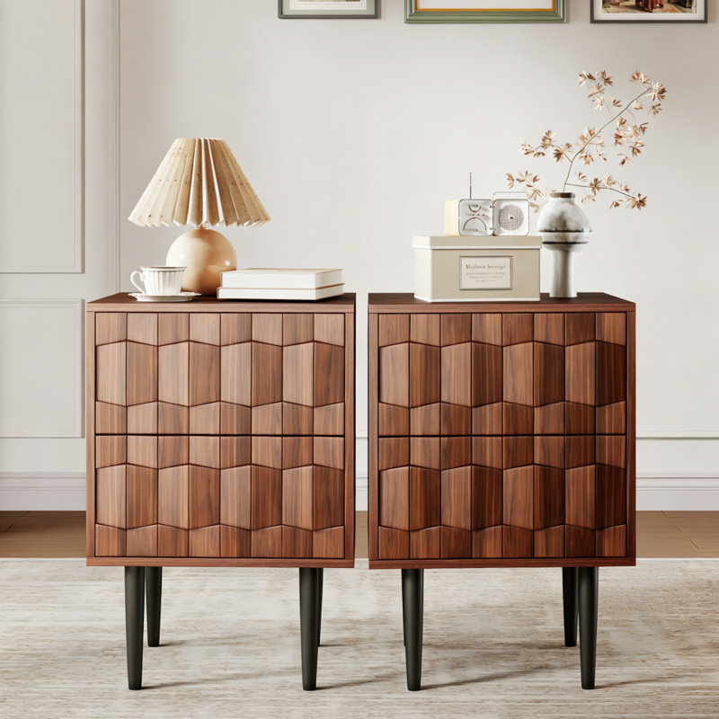 Set Of 2 Modern Mid-Century Geometric Nightstand With 2 Spacious Drawers, Push-To-Open