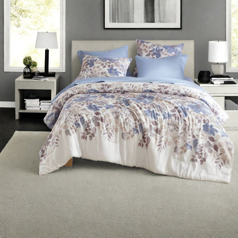 Ensembles de literie doux en polyester à motif floral bleu, confort moderne