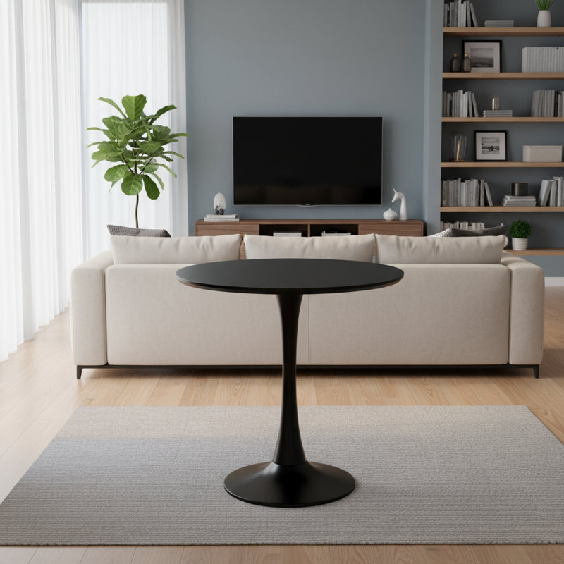 Table ronde tulipe noire, plateau et base en bois aggloméré, style Mid-Century, peut accueillir 2 à 4 personnes, convient à la cuisine et au salon, également utilisée comme bureau