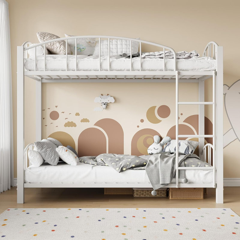 Twin Over Twin Metal Bunk Bed with Arched Guardrail and Safety Ladder, Heavy Duty Steel Frame for Kids, Boys, and Girls, Space-Saving Design, No Box Spring Needed, Modern Gray