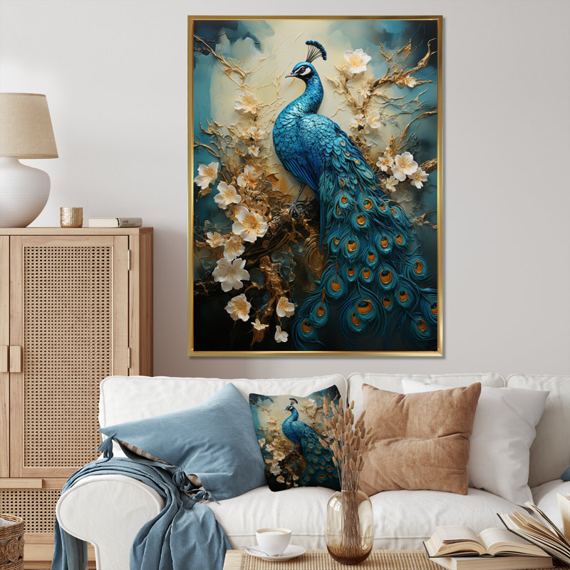 Illustration encaustique de paon d'Yvens II - paon, art mural, H 32 po x l 24 po, Cadre flottant doré