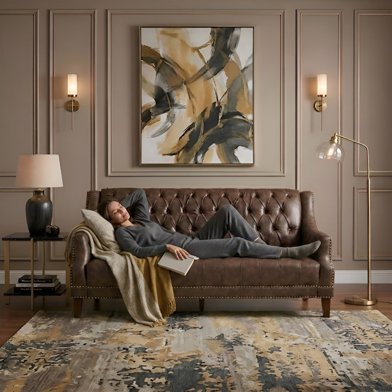 Mid Century Faux Leather Sofa With Solid Wood Legs, Tufted Button Back Sofa For Bedroom/Lliving Room/Guest Room