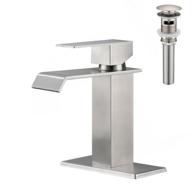 Waterfall Spout Bathroom Sink Single Handle Faucet With Pop-Up Drain (With Overflow)
