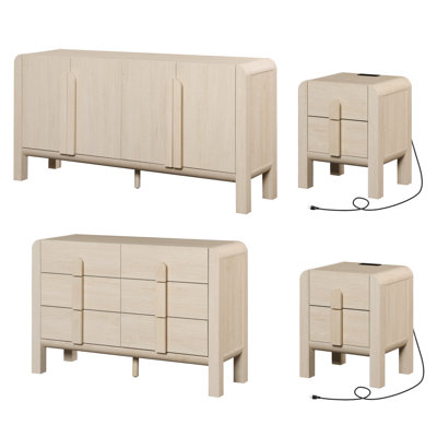 Adora 6 Drawer Dresser And Nightstand Sets For Bedroom, 4 Pcs Bedroom Set,Night Stand Set Of 2, Modern Accent Chest With Curved Profile Design, Wooden