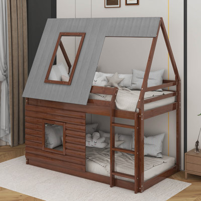Twin Size Bunk Bed With Roof, Ladder And Windows