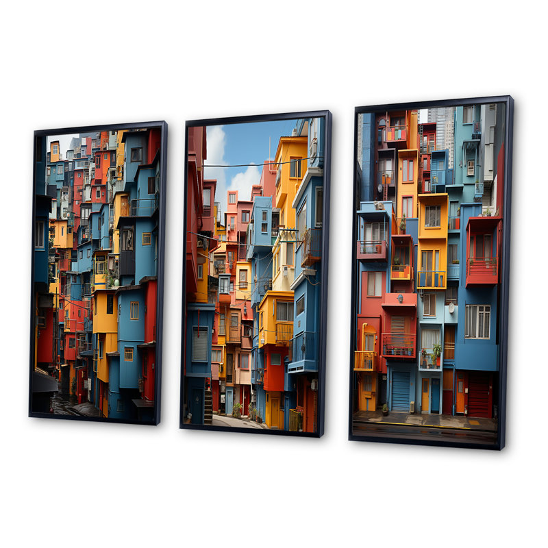 «Cityscape Dynamic Cubic», 3 pièces sur toile, Cadre noir, H 32 po x l 48 po