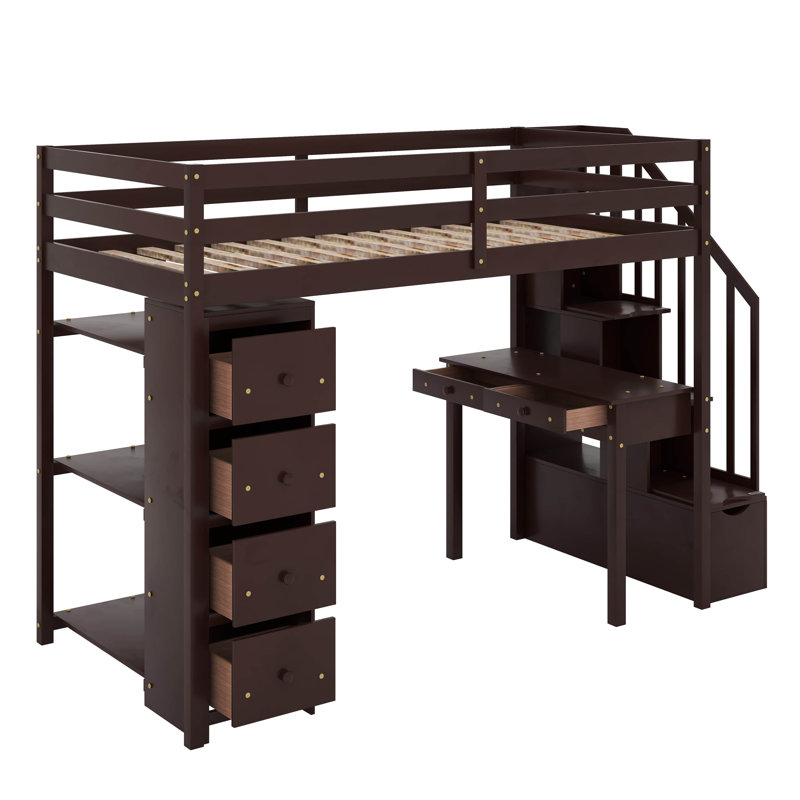 Twin Loft Bed With Drawers,Desk And Stairs, Espresso