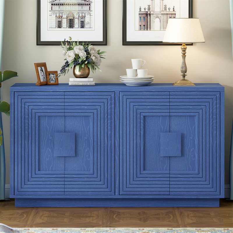 Vintage Distressed 4-Door Sideboard With Adjustable Shelves And Geometric Pattern For Versatile Home Storage