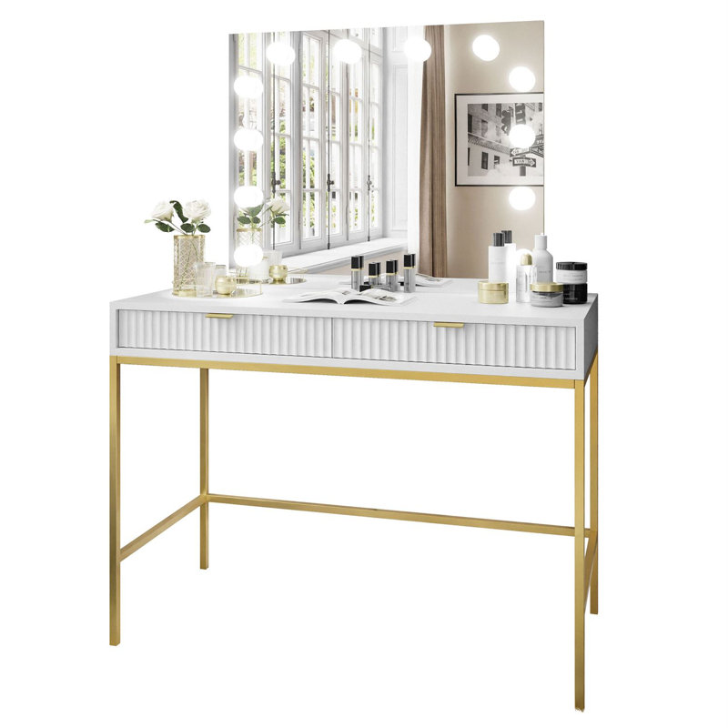 Anges Dressing Table with Mirror, White Matt/Gold