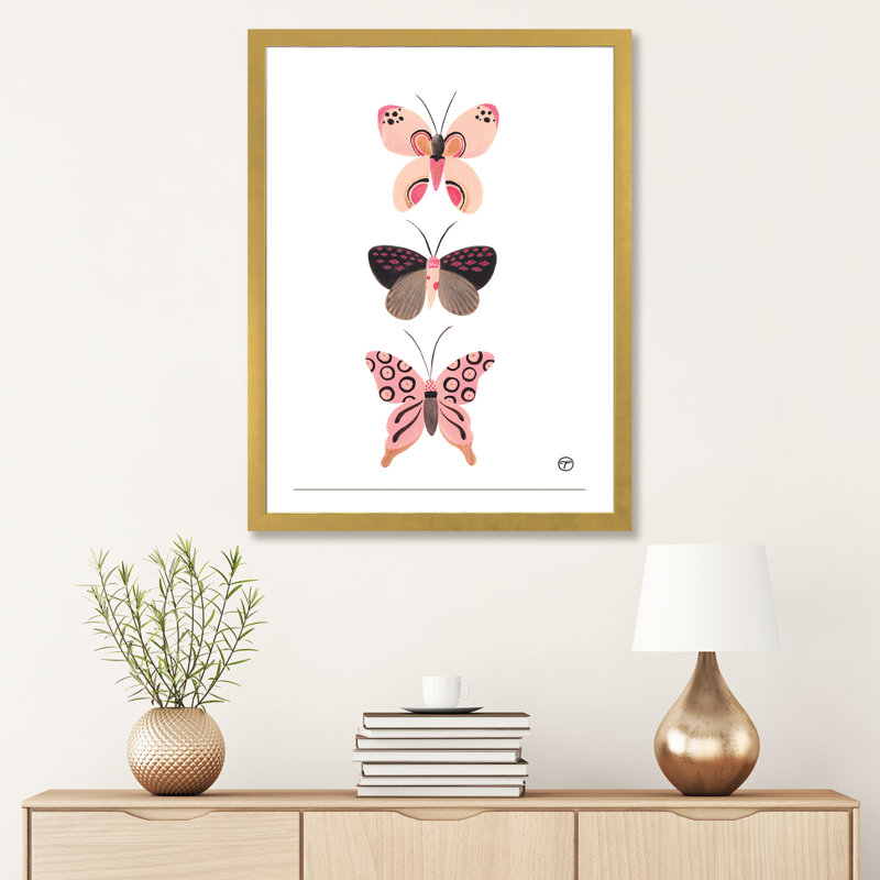 «Butterfly Trio», art encadré, H 32 po x l 24 po x P 1 po, Papier encadré doré
