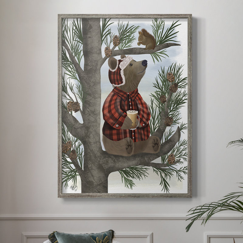 Lumberjack Bear Pine Tree Coffee Break Framed Print - Solid Wood