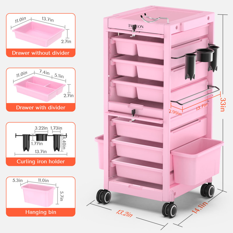 33"H x 13.2"W Salon Trolley Utility Cart With Lockable Wheels, Pink