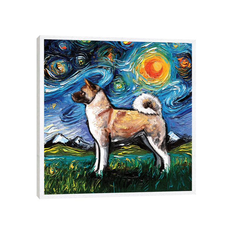 Akita Inu Night by Aja Trier - Print on Canvas, 45.72 cm H x 45.72 cm W, White Framed